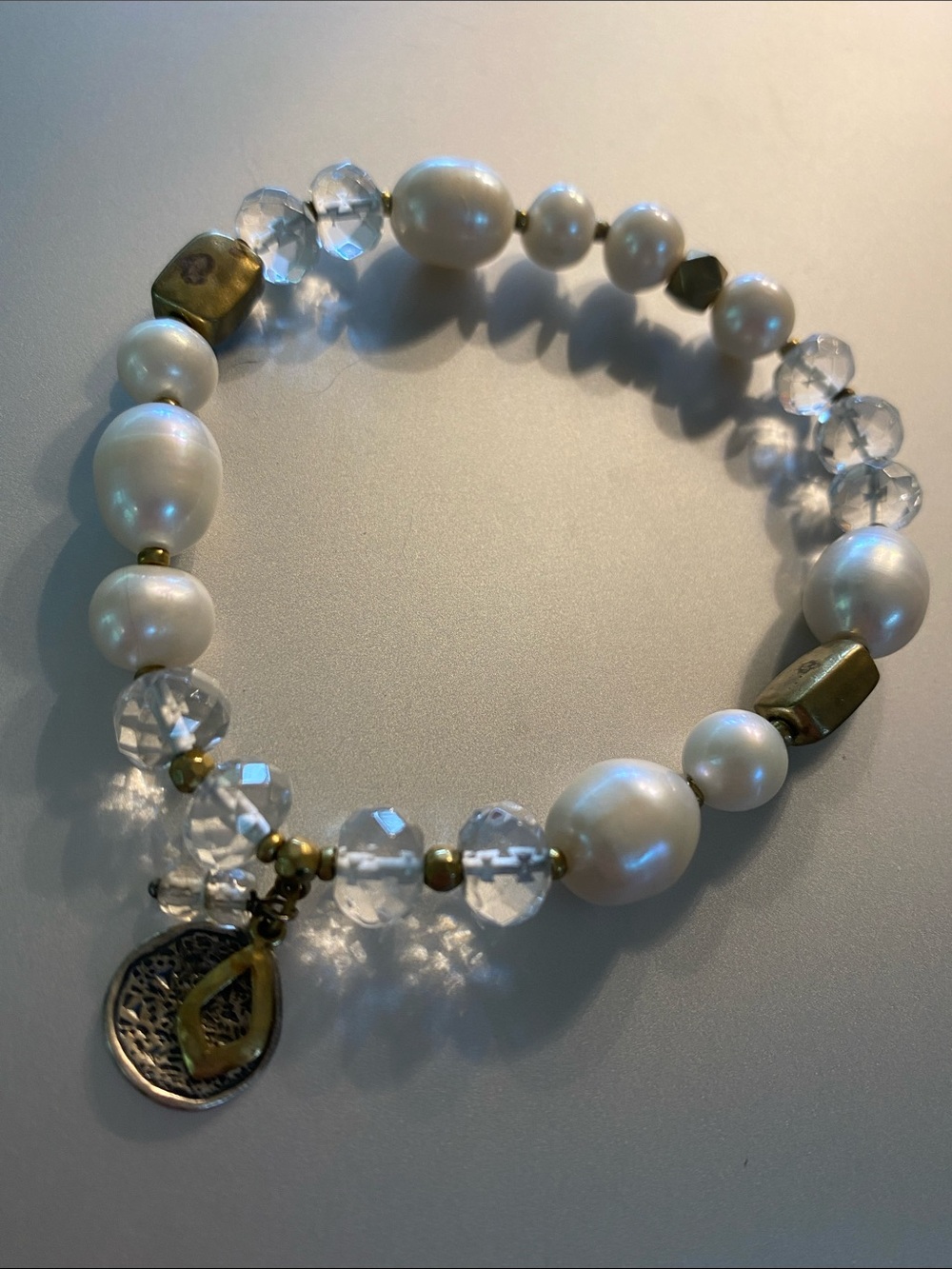 Genuine Pearl & Crystal Stretch Bracelet with charms